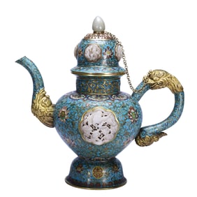 A CLOISONNE EWER WITH JADE INLAYS