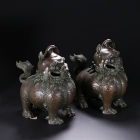 PAIR BRONZE MYTHICAL BEAST INCENSE BURNER LUDUAN