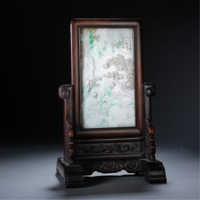 RELIEF-CARVED JADE & WOOD DECORATIVE SCREEN