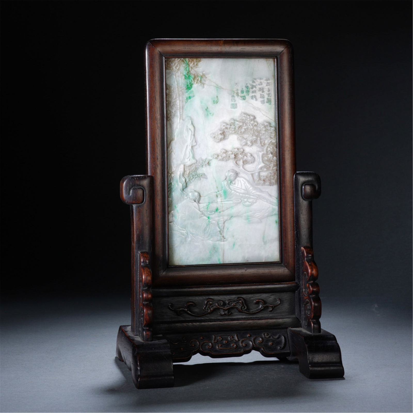 RELIEF-CARVED JADE & WOOD DECORATIVE SCREEN (1 of 9)