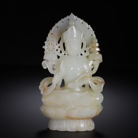 PALE WHITE JADE BUDDHIST DEITY SCULPTURE