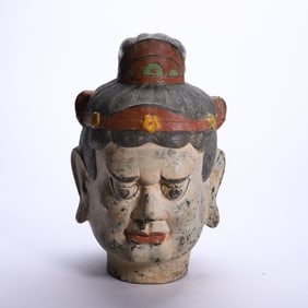 PAINTED COPPER BUDDHIST HEAD SCULPTURE