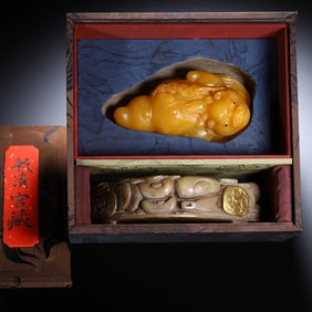 SOAP STONE LION & COIN-ADORNED STONE PIECE