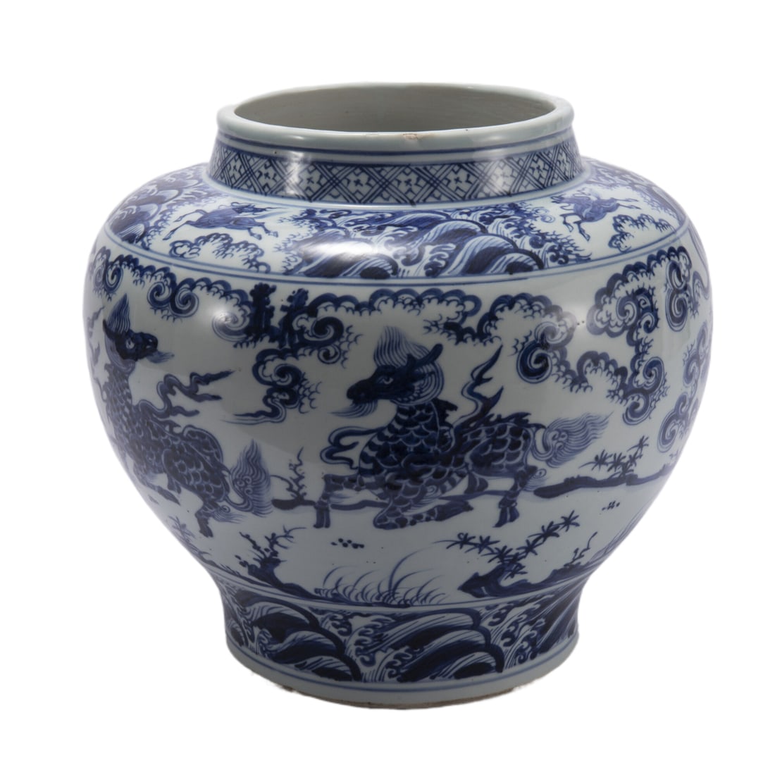 A CHINESE BLUE AND WHITE KYLIN JAR: A CHINESE BLUE AND WHITE KYLIN JARI Of wide squat baluster form, painted in blue and white with a mythical beasts in cobalt blue. DIMENSIONS: Diam. 30 cm. H. 28 cm. HAVE A SIMILAR ITEM TO SELL? CONTAC