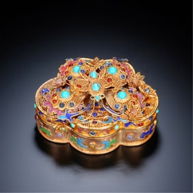 FILIGREE GILT METAL JEWELRY BOX WITH GEMSTONE & ENAMEL EMBELLISHMENTS