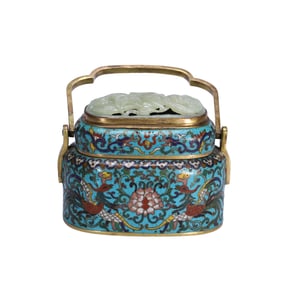 CLOISONNE JADE-INLAID PHOENIX-PEONY HANDLED INCENSE BURNER