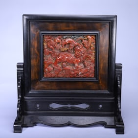 CARVED STONE PANEL IN DARK WOOD STAND SCREEN