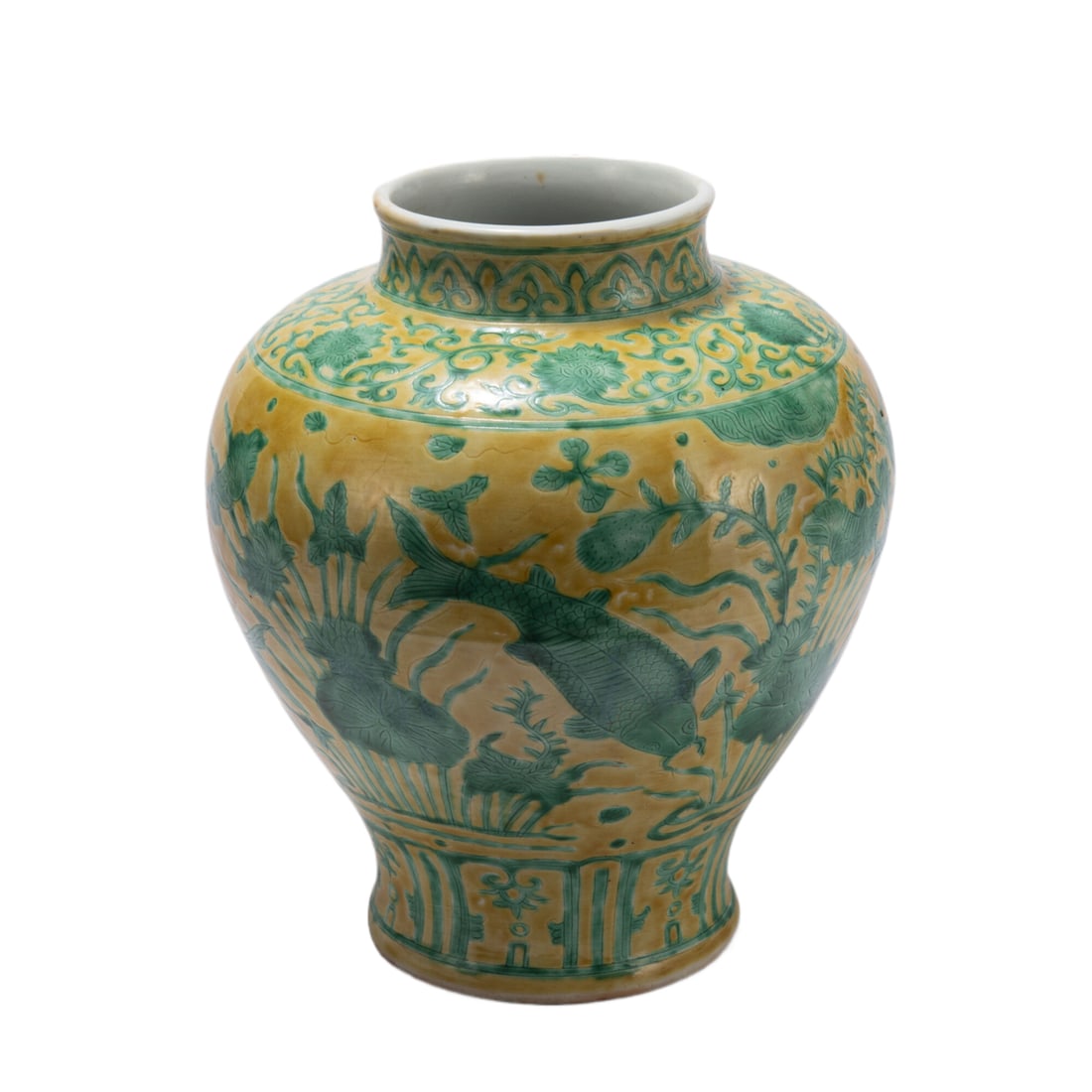 A CHINESE YELLOW AND GREEN GLAZE PORCELAIN JAR: A CHINESE YELLOW AND GREEN GLAZE PORCELAIN JARI Of baluster shape, painted lotus pond scene at the belly. DIMENSIONS: Diam. 21 cm. H. 24 cm. Weight 1710 grams. HAVE A SIMILAR ITEM TO SELL? CONTACT: IN