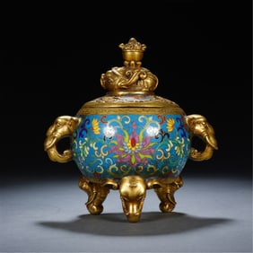 CLOISONNE INCENSE BURNER WITH ELEPHANT MOTIFS