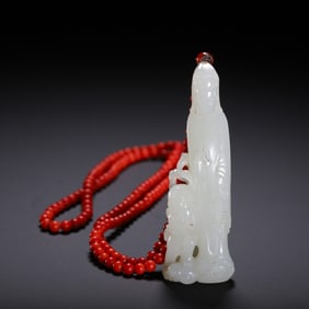 WHITE JADE GUANYIN CARVING WITH RED BEAD STRING