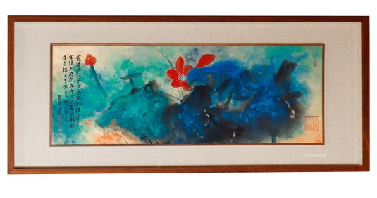 FRAMED CHINESE LOTUS LANDSCAPE