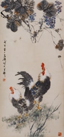INK-AND-COLOR ART: ROOSTERS UNDER GRAPE BRANCHES