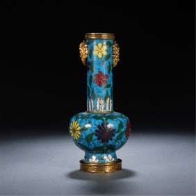 CLOISONNE FLORAL VASE WITH BEAST HANDLES