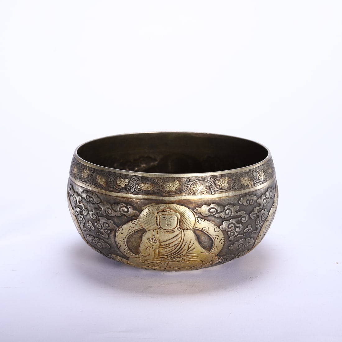 GILDED-BRONZE BUDDHIST BOWL WITH SEATED BUDDHA RELIEF CARVINGS (1 of 9)