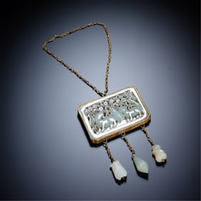 GILDED METAL & JADE CARVED PENDANT