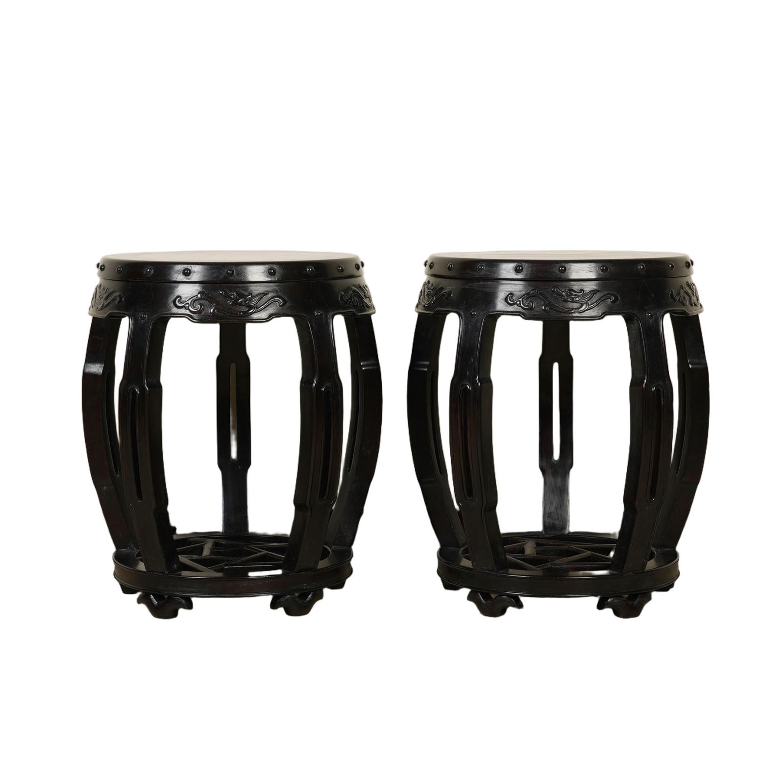 PAIR MARBLE INLAID ANNATTO-WOOD HONGMU GARDEN STOOLS (1 of 7)