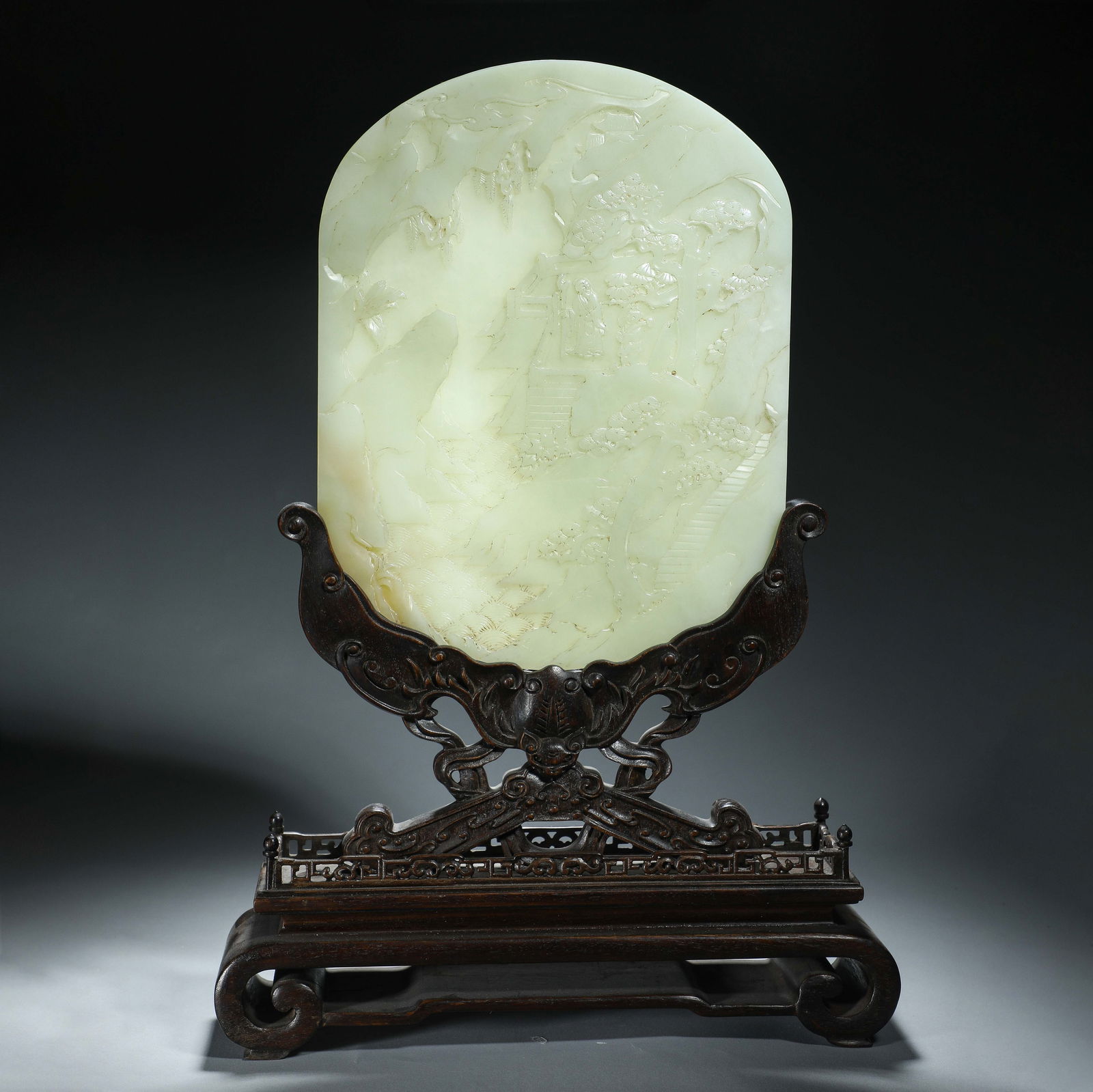 A RARE AND FINE CARVED WHITE JADE PLAQUE INLAID ROSEWOOD TABLE SCREEN (1 of 8)