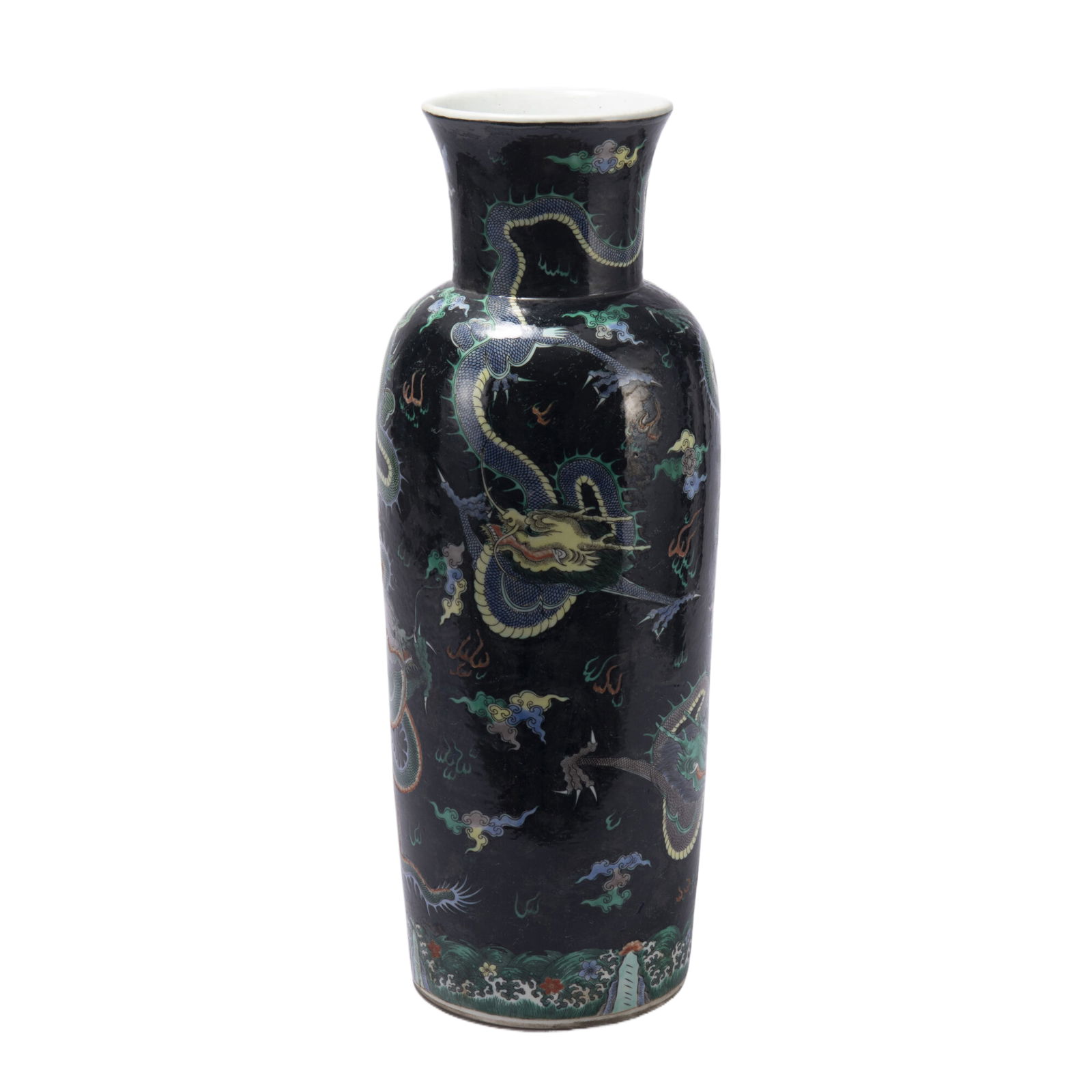 A CHINESE WUCAI GLAZE DRAGON SLEEVE VASE: A CHINESE WUCAI GLAZE DRAGON SLEEVE VASE This Chinese black-ground wucai vase is a tall, cylindrical form with a flared neck, covered in a deep, glossy black glaze. It is vividly painted with multiple