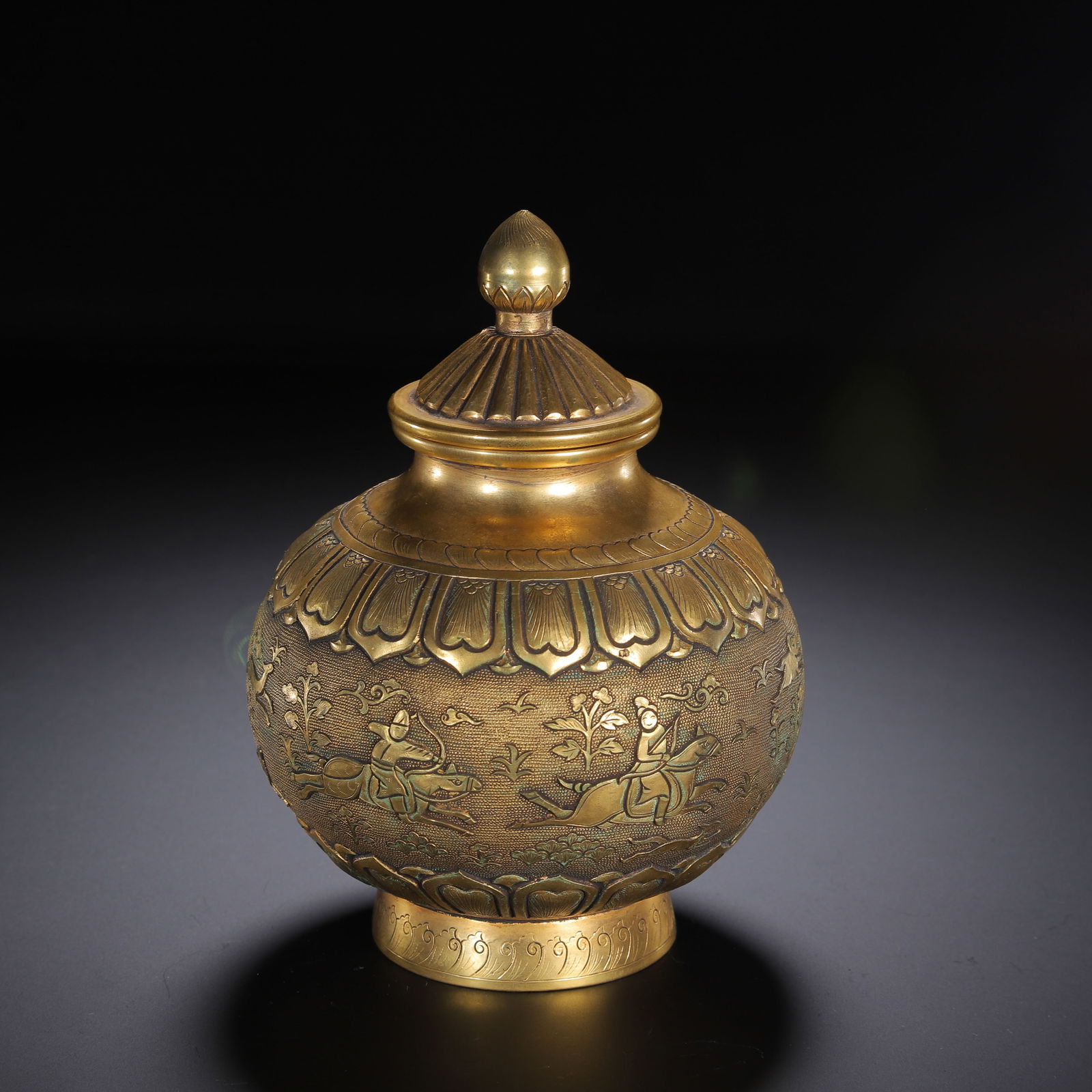 A BRONZE-GILT FIGURAL STORY JAR WITH COVER (1 of 9)