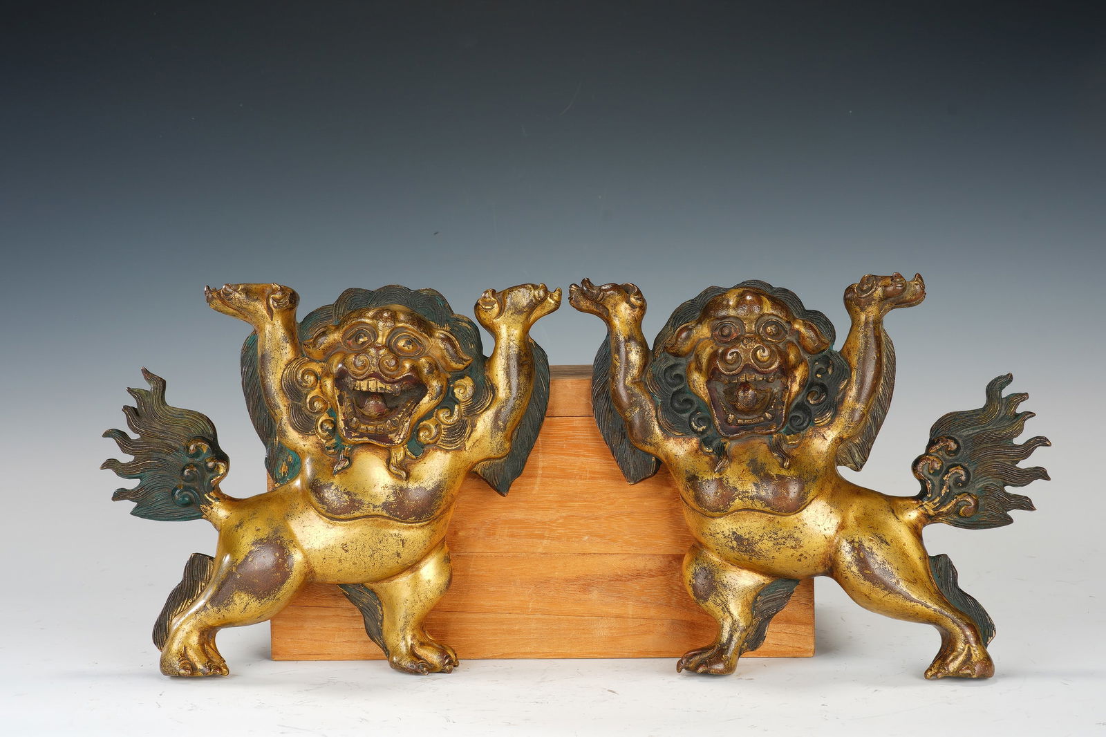 PAIR TIBETAN BRONZE-GILT SNOW LIONS (1 of 10)
