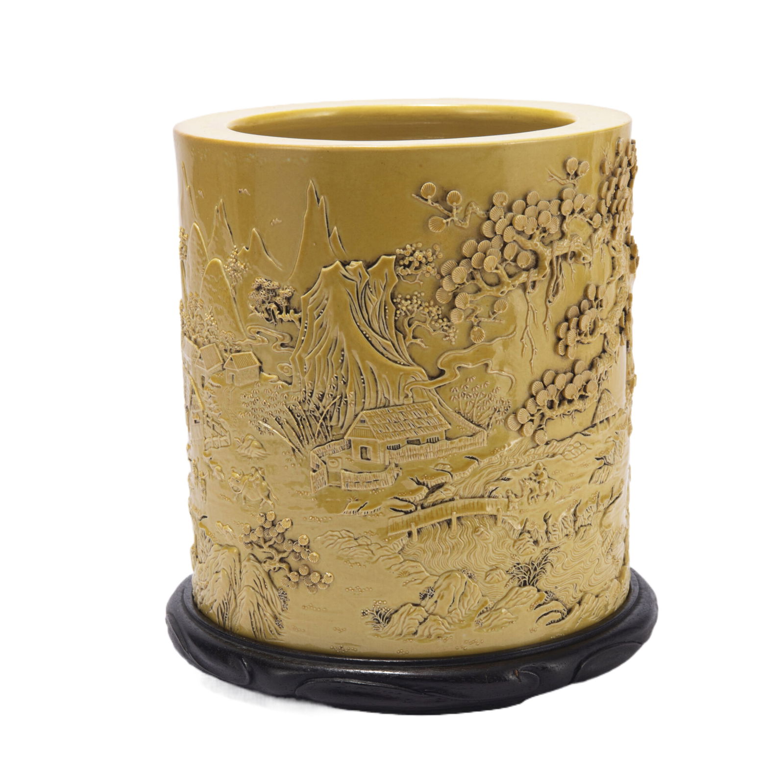 A CARVED YELLOW GLAZE PORCELAIN BRUSH POT (1 of 9)