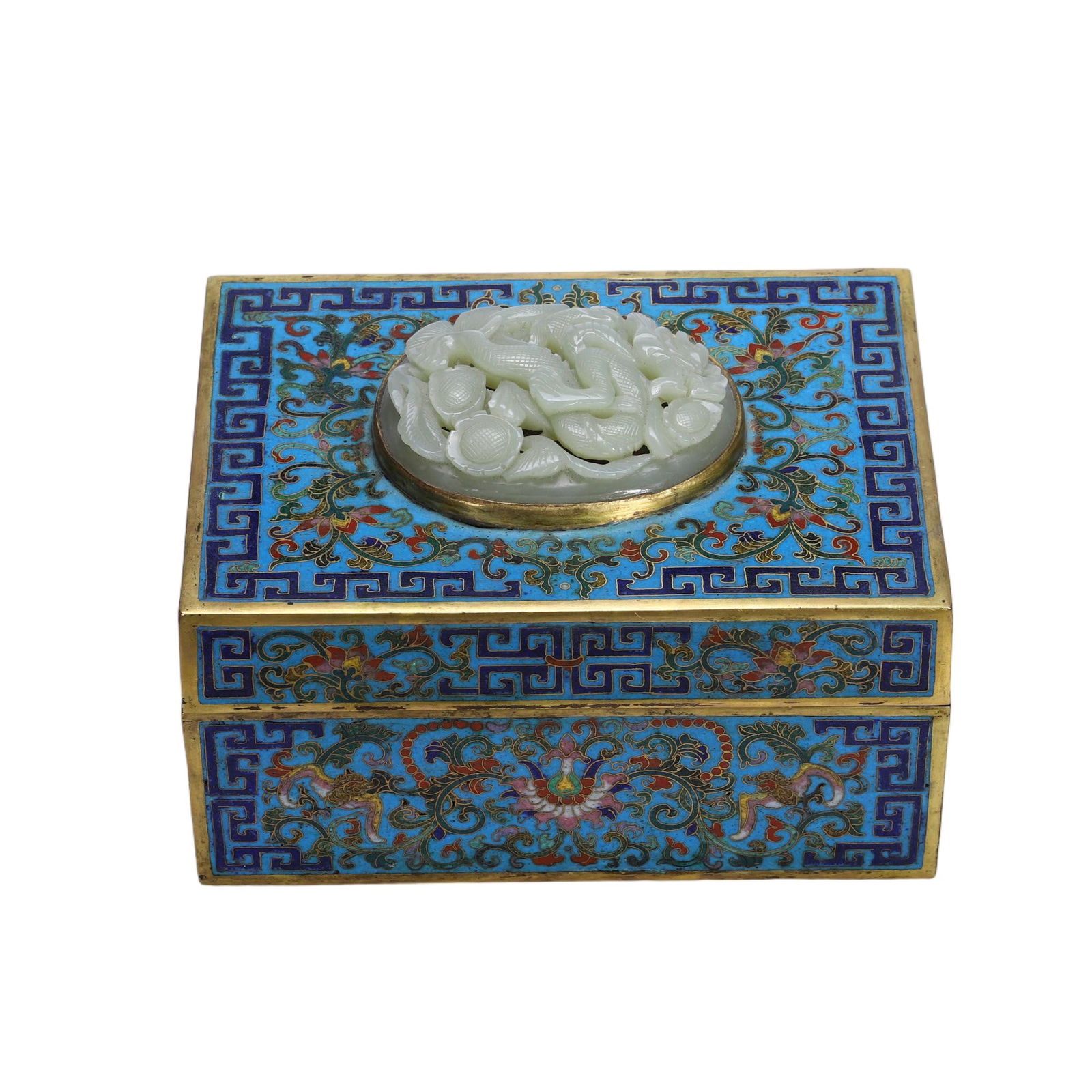 A CARVED WHITE JADE INLAID CLOISONNE ENAMEL BOX WITH COVER (1 of 9)