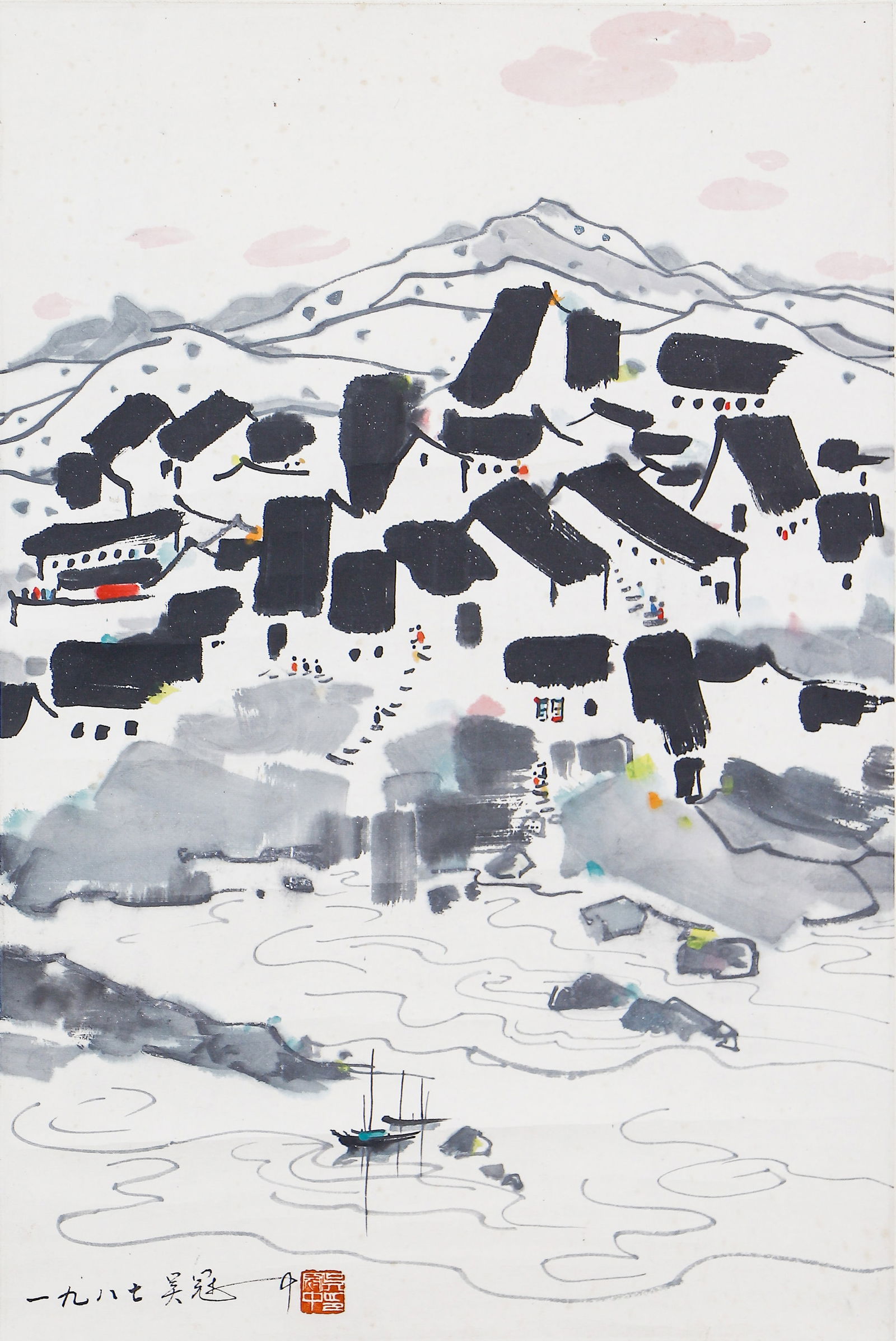 A CHINESE PAINTING OF WATER VILLAGE SIGNED WU GUANZHONG (1 of 5)