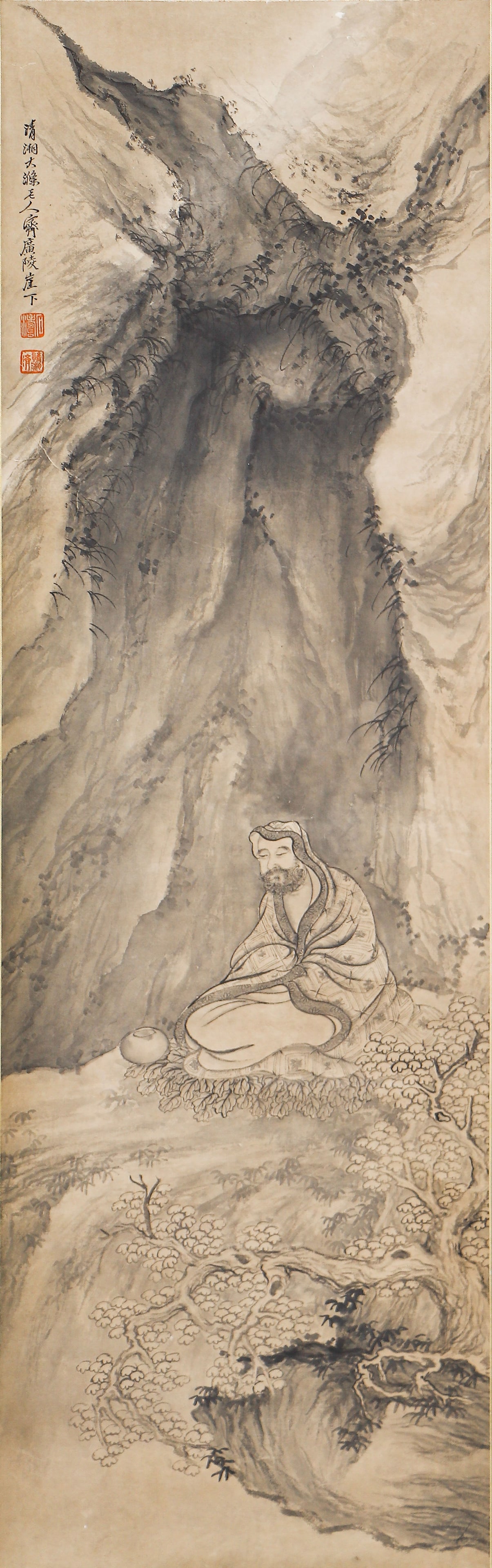 A CHINESE PAINTING OF LUOHAN IN GROTTO SIGNED SHITAO: A CHINESE PAINTING OF LUOHAN IN GROTTO SIGNED SHITAO A fine Chinese figure painting on paper, attributed to Shi Tao (1642–1707), a pivotal figure of the Qing dynasty. The work depicts a bearded