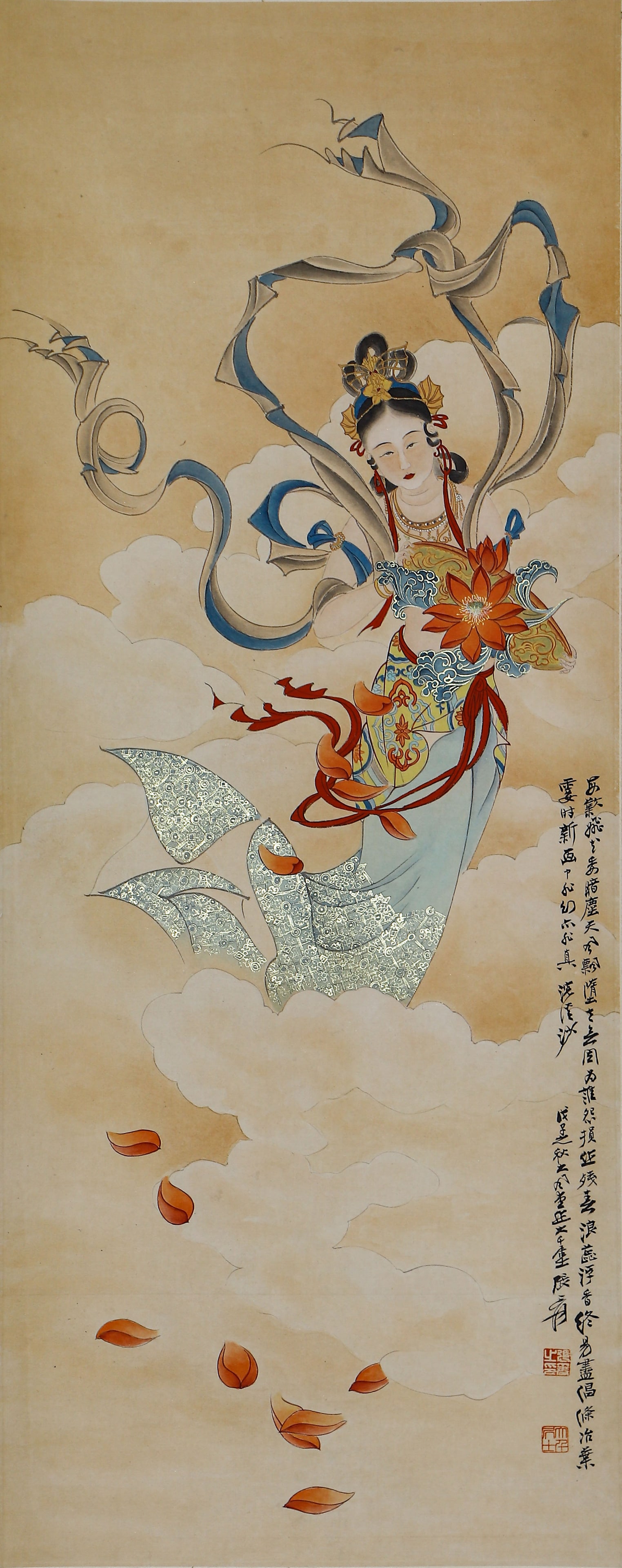 A CHINESE PAINTING OF APSARAS SIGNED ZHANG DAQIAN: A CHINESE PAINTING OF APSARAS SIGNED ZHANG DAQIAN This vertical painting by Zhang Daqian (1899-1983) depicts a celestial apsara floating gracefully on billowing clouds, holding a large red lotus flowe