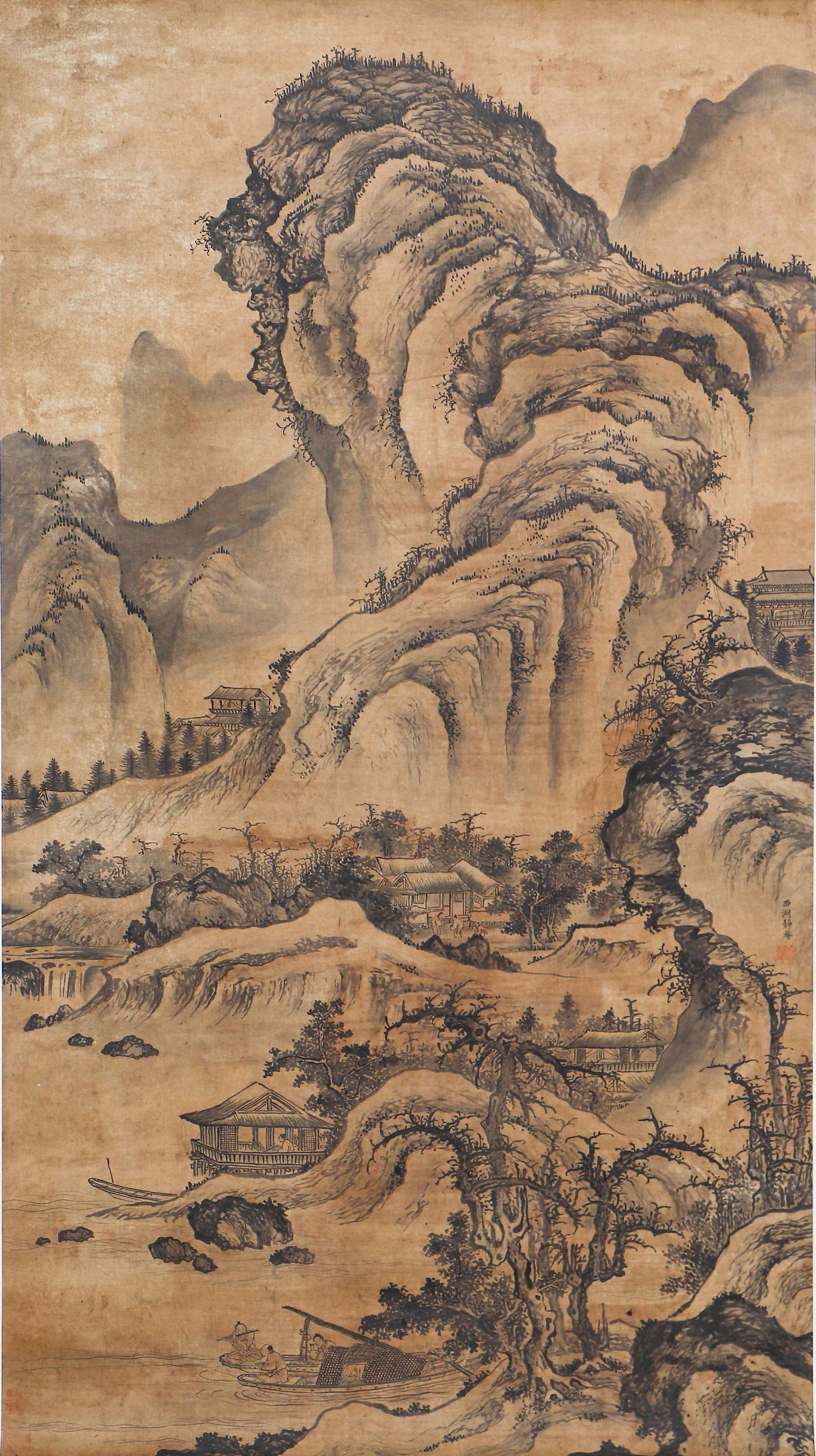 A CHINESE PAINTING OF SERENE STUDIO SIGNED DAIJIN: A CHINESE PAINTING OF SERENE STUDIO SIGNED DAIJIN A fine Chinese landscape painting on silk, attributed to Dai Jin (1388–1462), the founder of the Zhe School during the Ming dynasty. The work