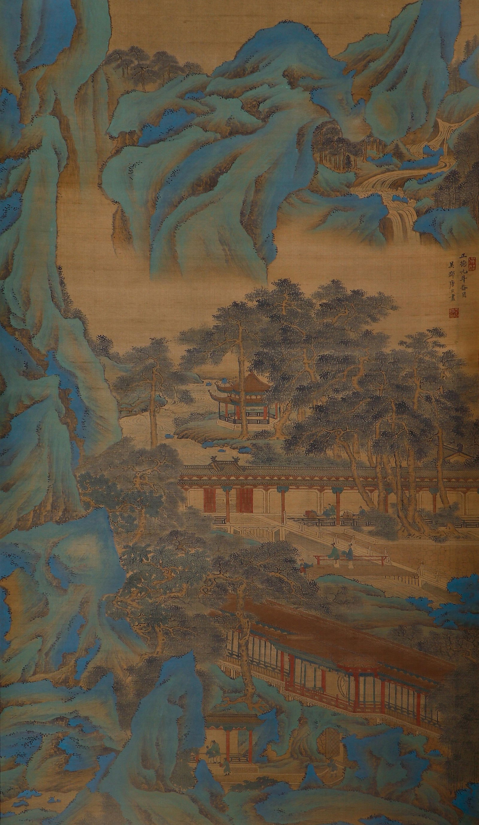 A CHINESE PAINTING OF MOUNTAIN PALACE SIGNED TANGYIN: A CHINESE PAINTING OF MOUNTAIN PALACE SIGNED TANGYIN A fine Chinese landscape painting on silk, attributed to Tang Yin (1470–1524), a preeminent master of Ming-dynasty art. The work depicts a