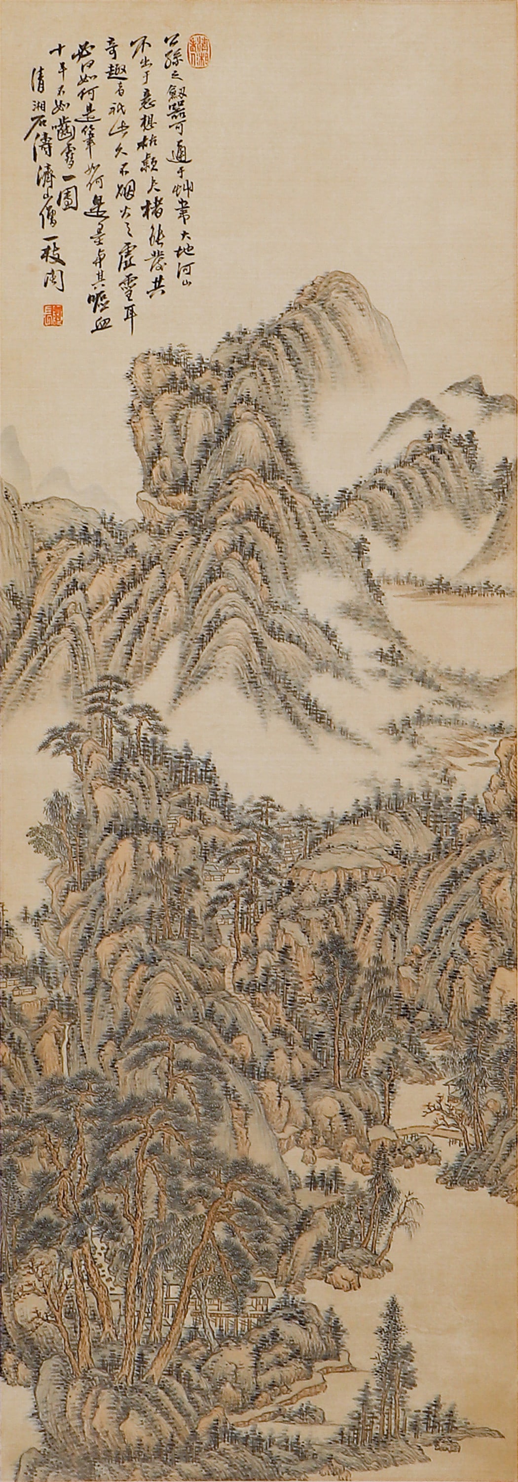 A CHINESE PAINTING OF HUT IN WOOD SIGNED SHITAO: A CHINESE PAINTING OF HUT IN WOOD SIGNED SHITAO A fine Chinese landscape painting on silk, attributed to Shi Tao (1642–1707), a pivotal master of the early Qing dynasty. The work depicts layered mou