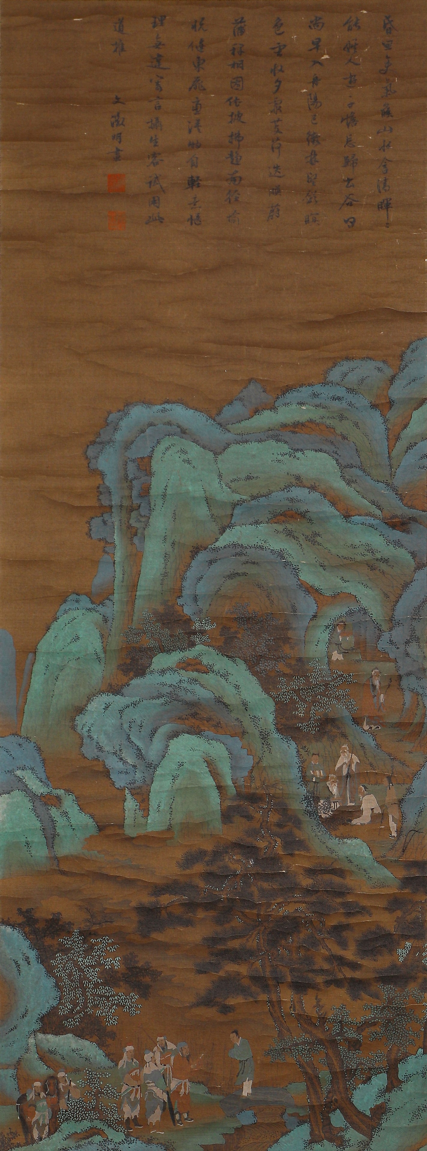 A CHINESE PAINTING OF FIGURAL STORY SIGNED WEN ZHENGMING: A CHINESE PAINTING OF FIGURAL STORY SIGNED WEN ZHENGMING A fine Chinese landscape painting on silk, attributed to Wen Zhengming (1470–1559), a leading master of the Ming dynasty. The work depicts la