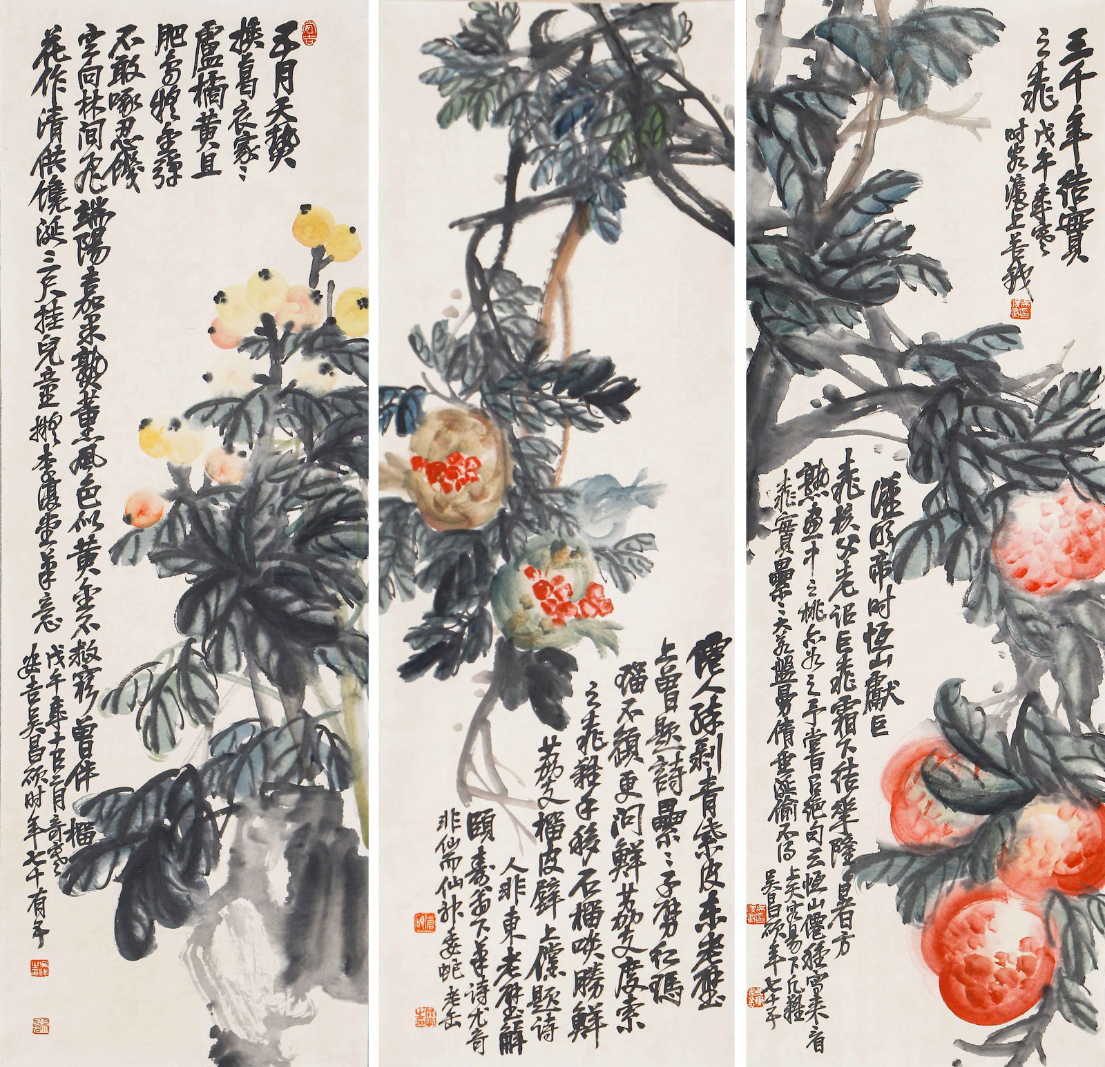 A SET OF CHINESE PAINTINGS OF FRUITS SIGNED WU CHANGSHUO: A SET OF CHINESE PAINTINGS OF FRUITS SIGNED WU CHANGSHUO A fine Chinese three-panel painting on paper, attributed to Wu Changshuo (1844–1927), a leading master of late Qing and early Republican art.