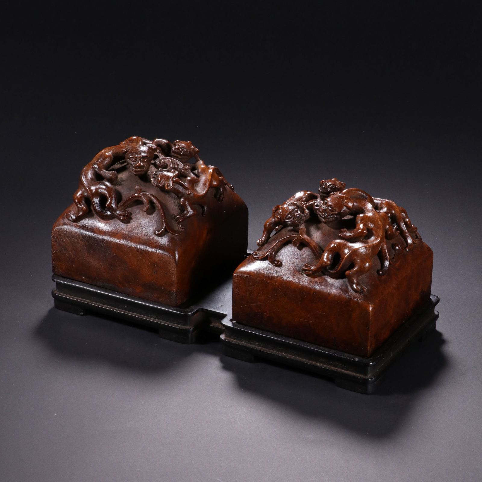 PAIR CARVED HUANGHUALI CHILONG GROUP SEALS (1 of 11)