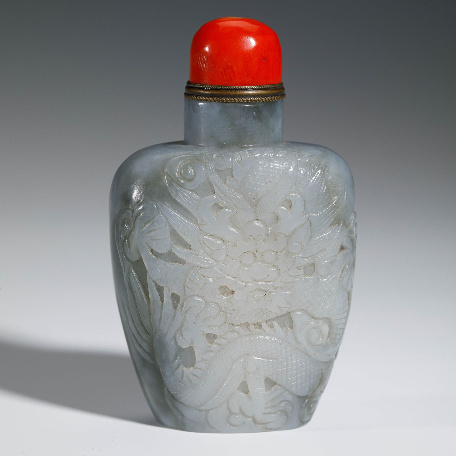 A CARVED JADE DRAGON SNUFF BOTTLE (1 of 8)