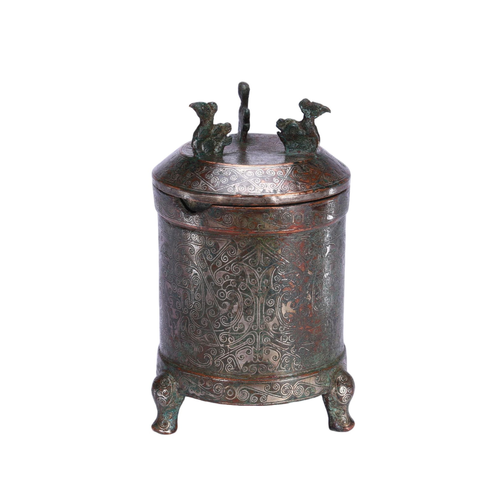 A SILVER INLAID BRONZE VESSEL HU WITH COVER (1 of 9)