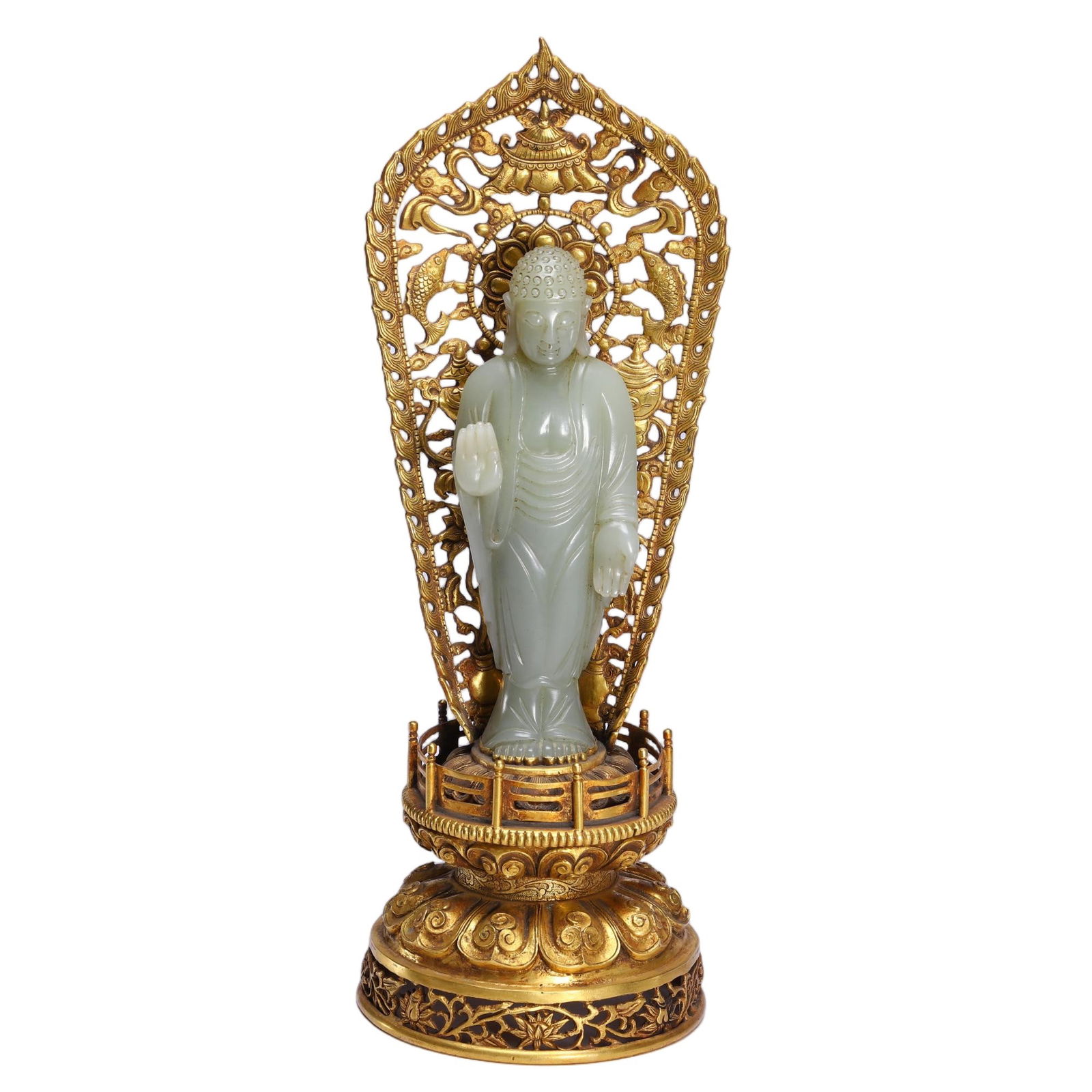 A RARE CARVED WHITE JADE STANDING BUDDHA (1 of 9)