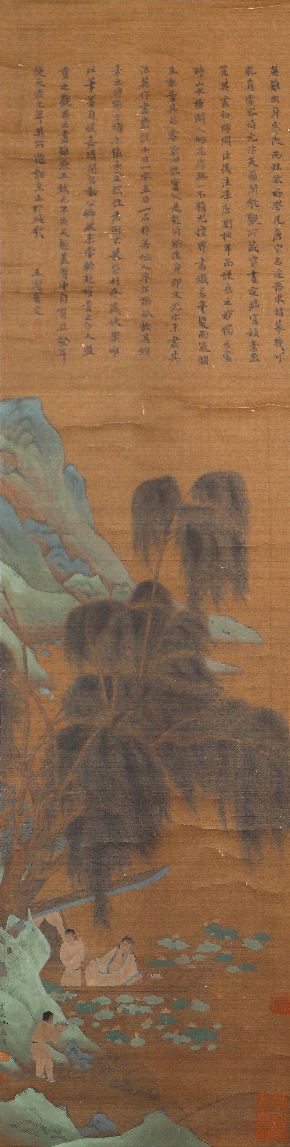 A CHINESE PAINTING OF BOATING ALONG RIVER SIGNED QIU YIN: A CHINESE PAINTING OF BOATING ALONG RIVER SIGNED QIU YIN A fine Chinese painting on silk, attributed to Qiu Ying (c. 1494–1552), a master of the Ming dynasty. The work depicts scholars and