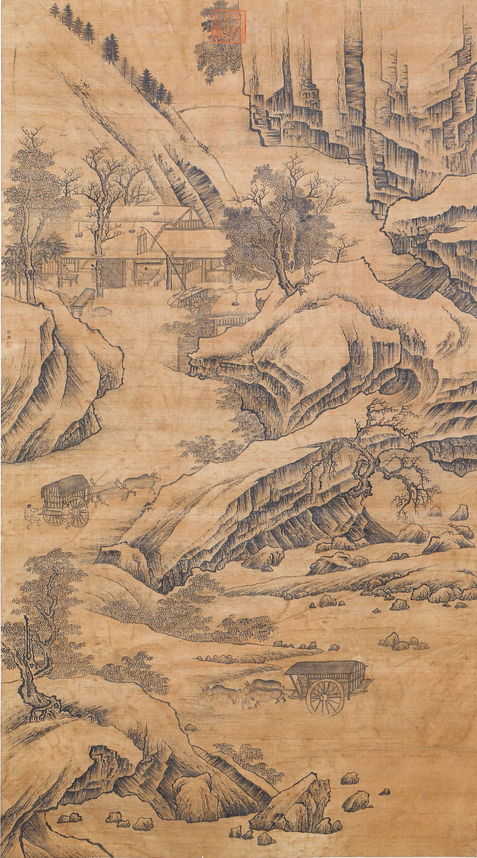 A CHINESE PAINTING OF SERENE STUDIO SIGNED JIN HAO: A CHINESE PAINTING OF SERENE STUDIO SIGNED JIN HAO A fine Chinese landscape painting on silk, attributed to Jing Hao (c. 855–915), a foundational painter of the Northern Song landscape tradition.