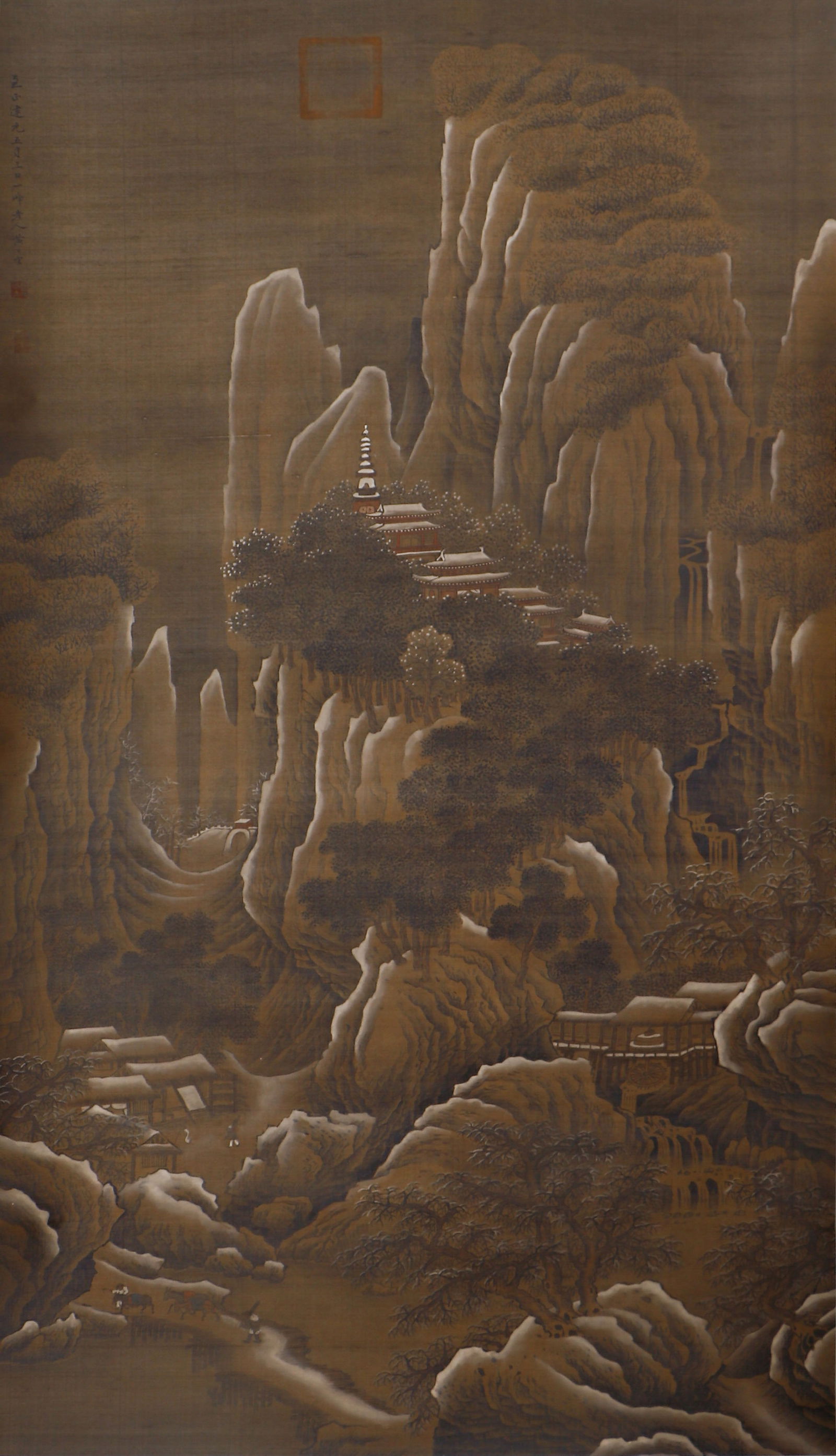A CHINESE PAINTING OF MOUNTAIN VILLAGE SIGNED HUANG GONGWANG: A CHINESE PAINTING OF MOUNTAIN VILLAGE SIGNED HUANG GONGWANG A fine Chinese landscape painting on silk, attributed to Huang Gongwang (1269–1354), a preeminent master of Yuan-dynasty art. The work