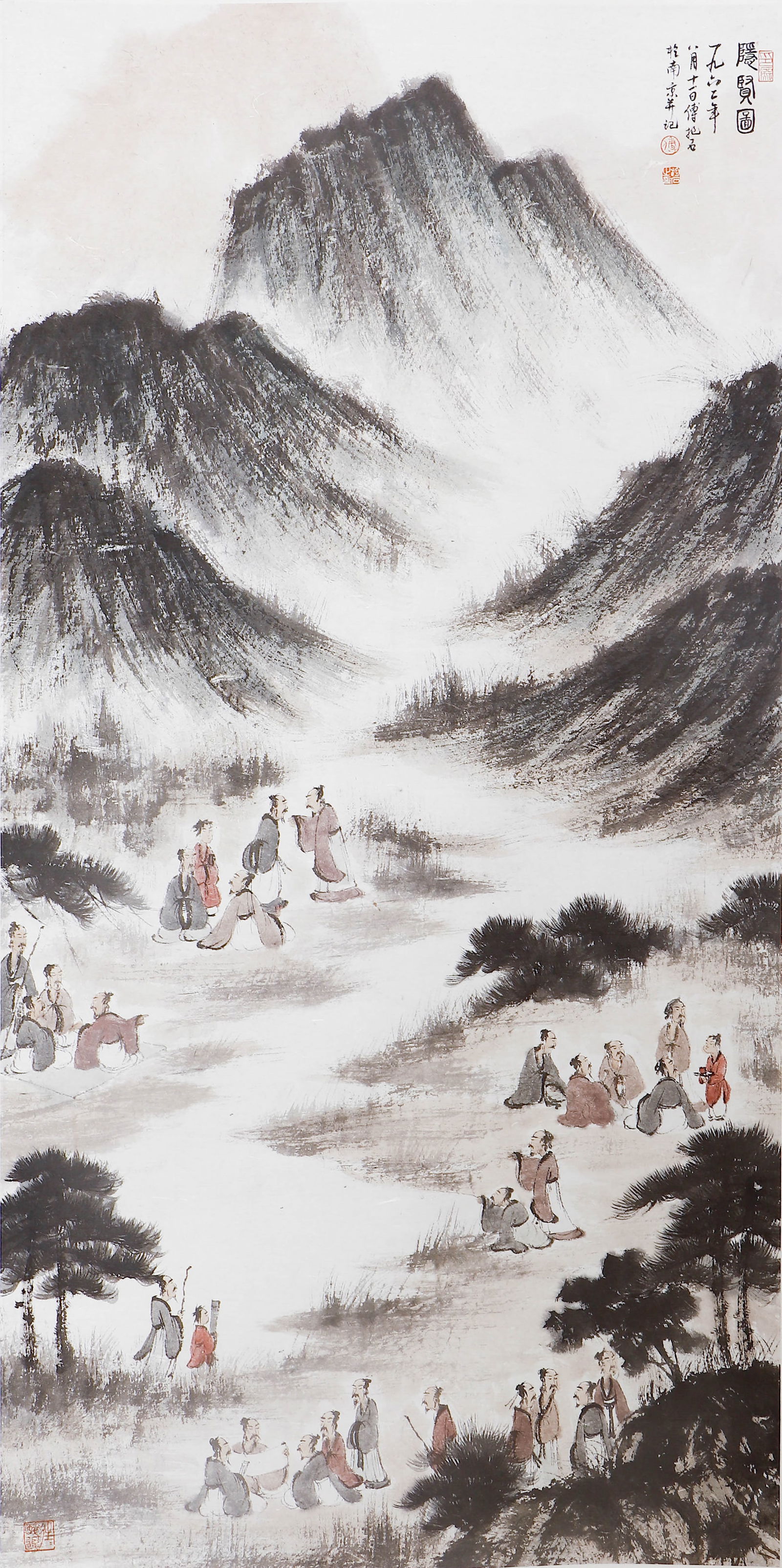 A CHINESE PAINTING OF SCHOLARS GATHERING SIGNED FU BAOSHI: A CHINESE PAINTING OF SCHOLARS GATHERING SIGNED FU BAOSHI A fine Chinese painting on paper, attributed to Fu Baoshi (1904–1965), a pivotal master of 20th-century Chinese art. The work depicts a