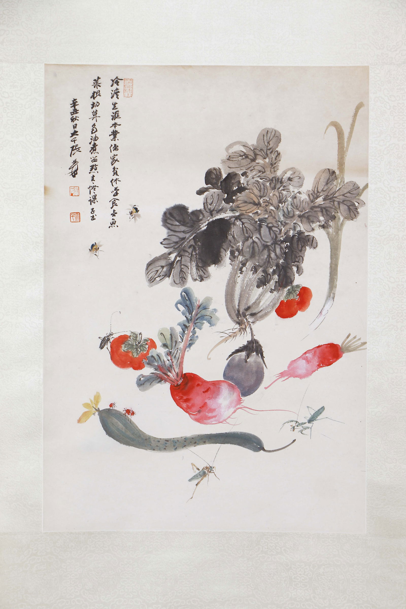 A CHINESE PAINTING OF INSECTS AND VEGGIES SIGNED ZHANG DAQIAN: A CHINESE PAINTING OF INSECTS AND VEGGIES SIGNED ZHANG DAQIAN A fine Chinese painting on paper, attributed to Zhang Daqian (1899–1983), one of the most influential 20th-century Chinese artists. The