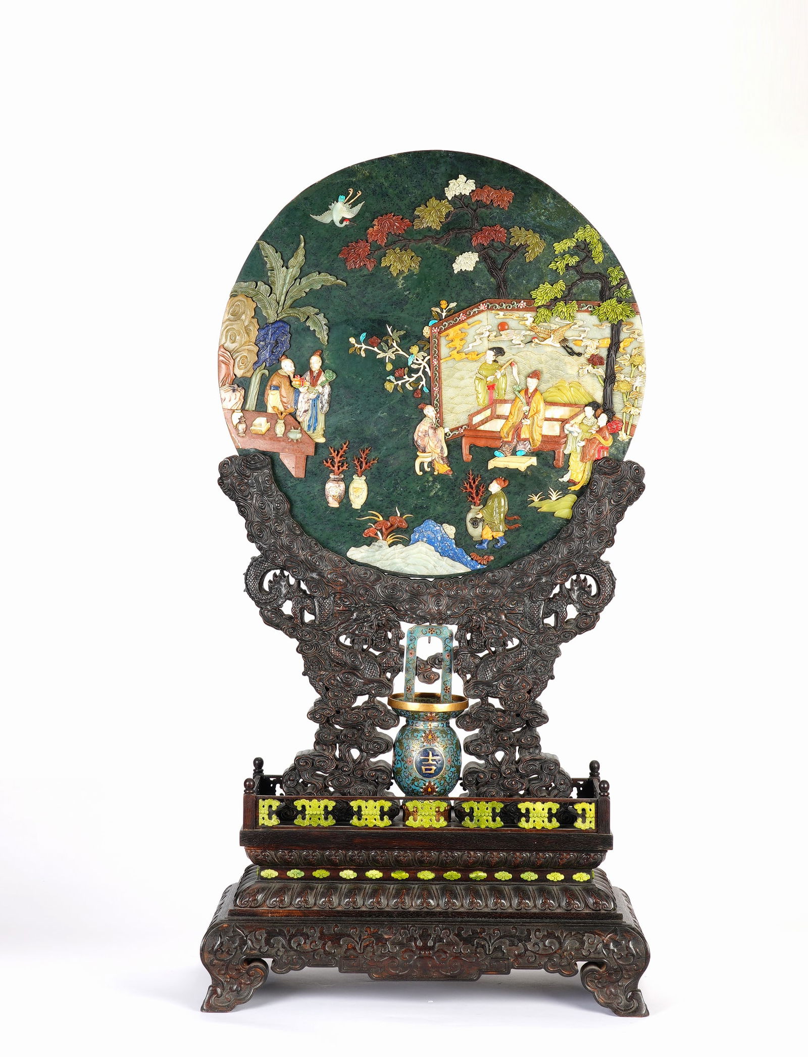 A RARE AND FINE HARDSTONES INLAID JADE PLAQUE TABLE SCREEN (1 of 12)