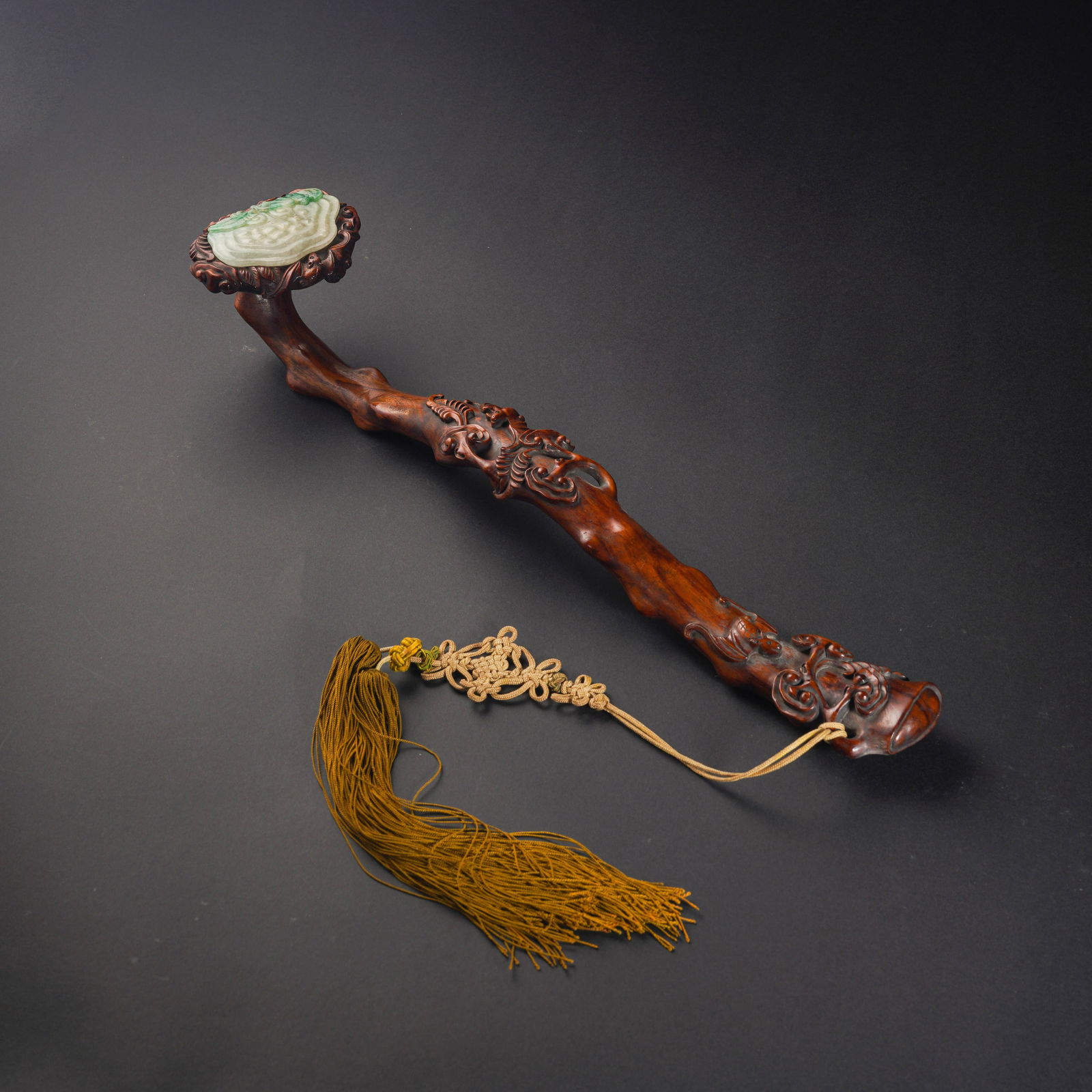 A CARVED JADEITE INLAID HUANGHUALI RUYI SCEPTER (1 of 7)