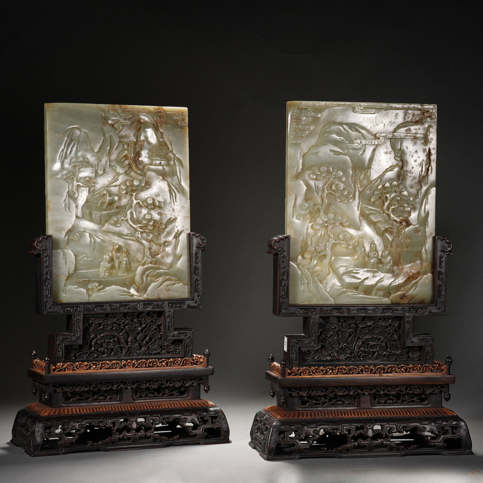 PAIR RARE CARVED WHITE JADE INLAID WOODEN TABLE SCREENS (1 of 13)