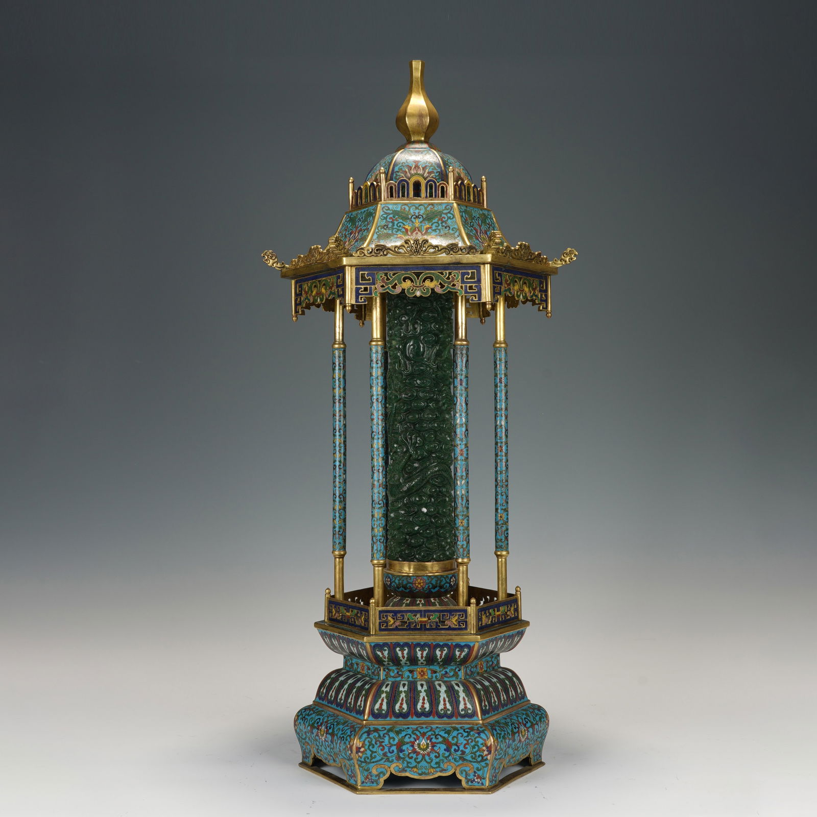 AN IMPERIAL JADE INLAID CLOISONNE ENAMEL PAGODA FORM INCENSE HOLDER (1 of 9)
