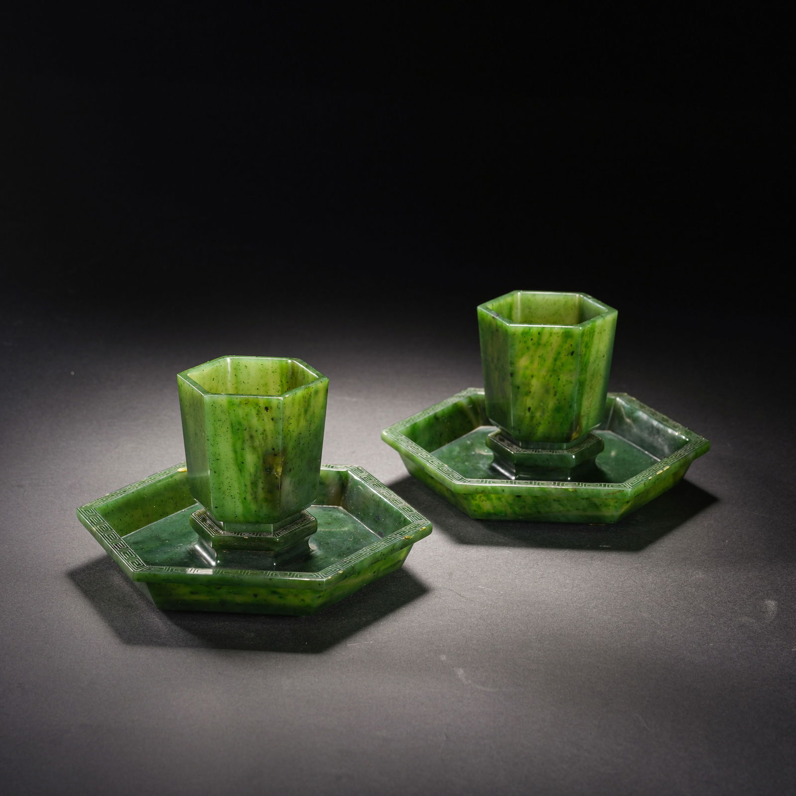PAIR FINE SPINACH GREEN JADE CUPS WITH STANDS (1 of 8)