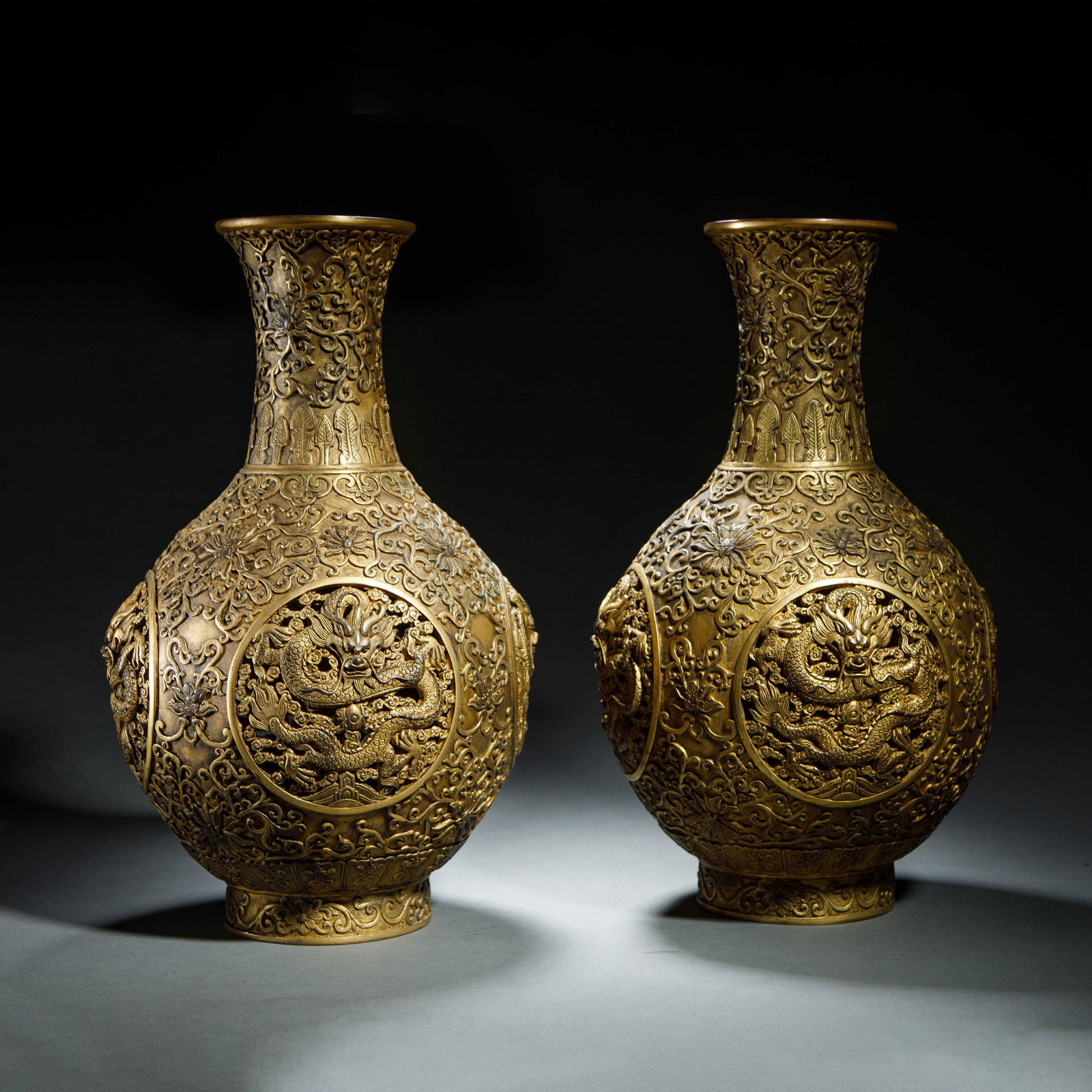 PAIR BRONZE-GILT DRAGON BOTTLE VASES (1 of 7)