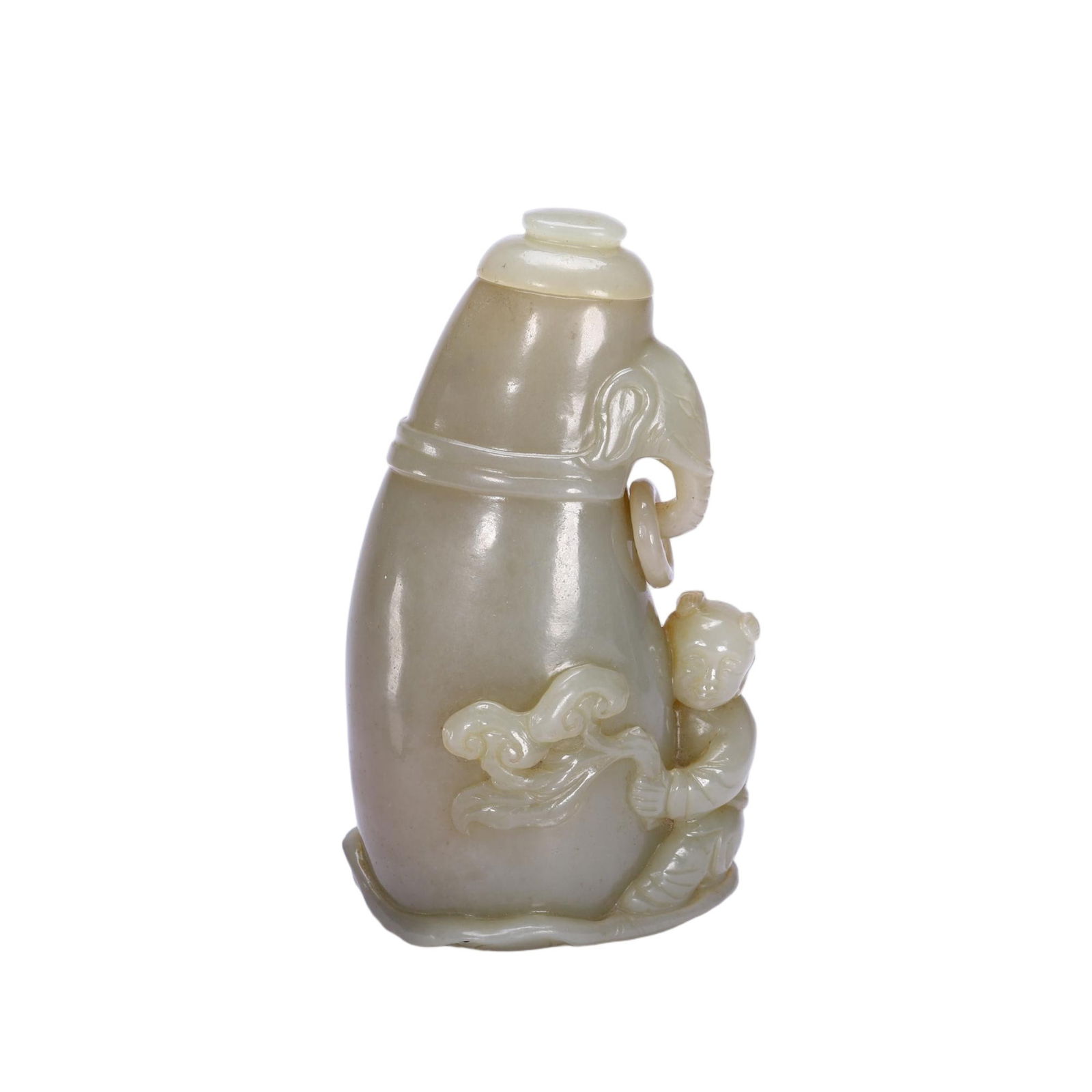 A CARVED WHITE JADE VESSEL WITH COVER: A CARVED WHITE JADE VESSEL WITH COVER This delicate Chinese vase is masterfully carved from pale, translucent Hetian jade, shaped as a stylized elephant with a curved trunk and a loose ring in its gra
